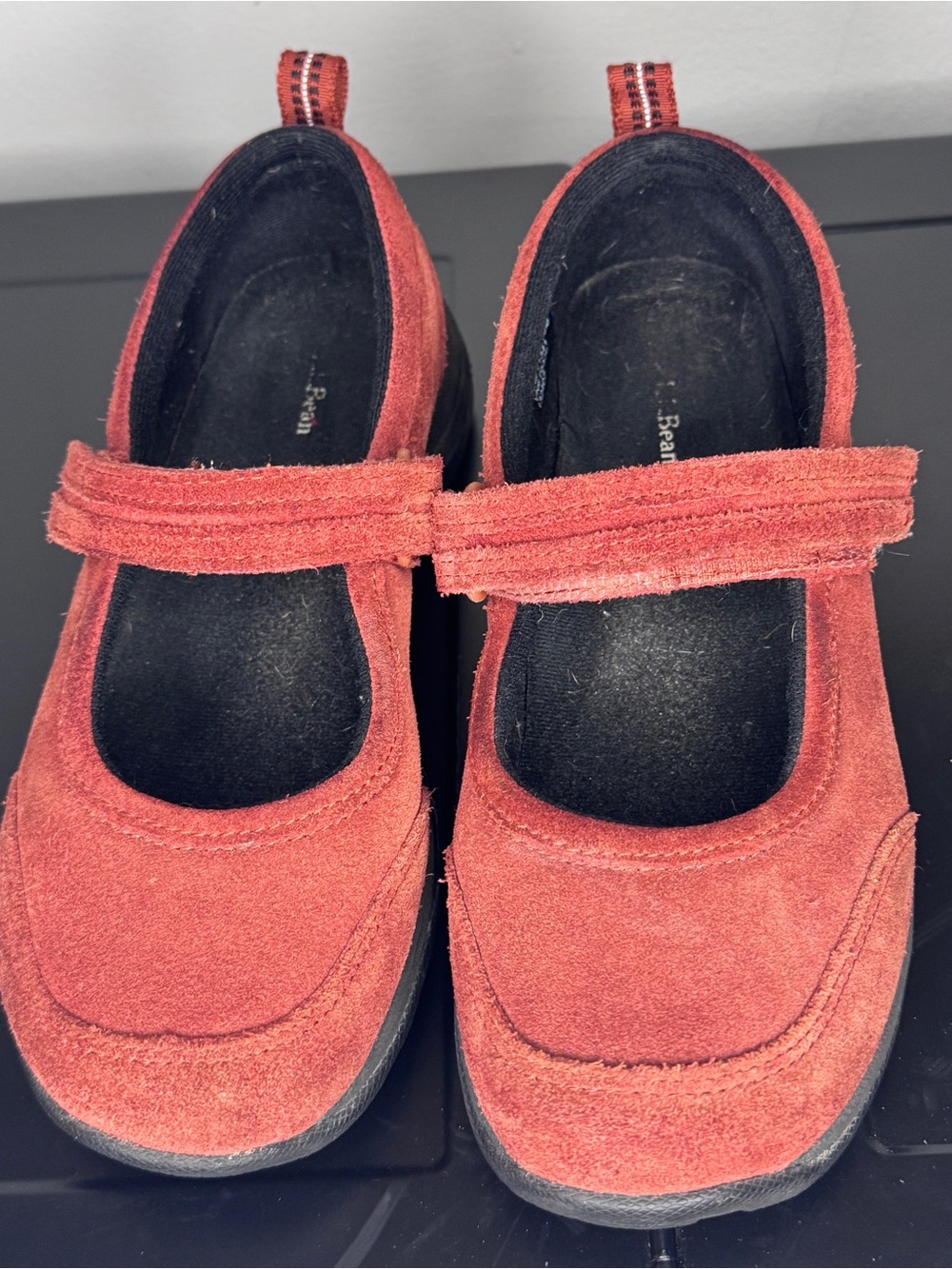 L.L. Bean Women's Suede Mary Jane Flats in Rust/Maroon